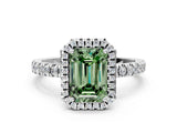 White gold Fancy Green Emerald Cut Halo Diamond Pave Band with Prong Setting