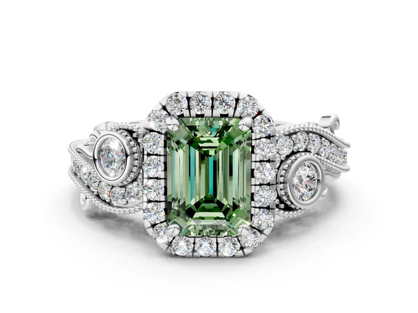White gold Fancy Green Emerald Cut Halo Diamond Ring with Milgrain and Bezel Accents on a Split Shank Band