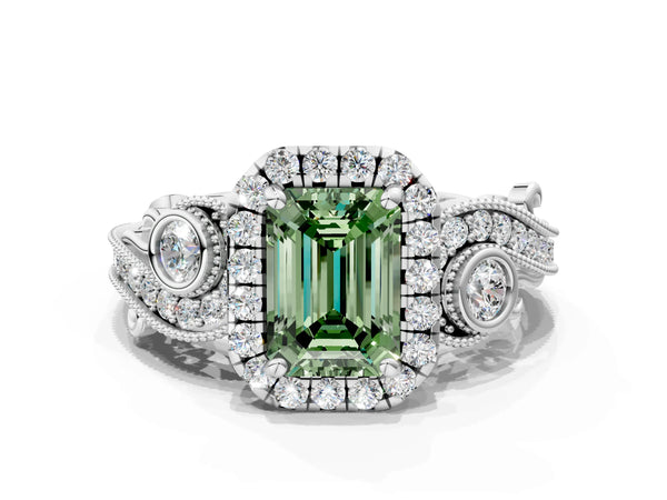 White gold Fancy Green Emerald Cut Halo Diamond Ring with Milgrain and Bezel Accents on a Split Shank Band