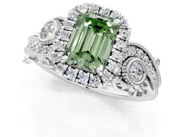 White gold Fancy Green Emerald Cut Halo Diamond Ring with Milgrain and Bezel Accents on a Split Shank Band