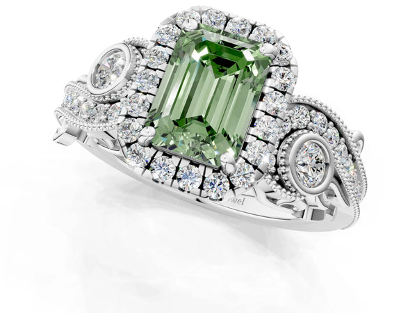 White gold Fancy Green Emerald Cut Halo Diamond Ring with Milgrain and Bezel Accents on a Split Shank Band