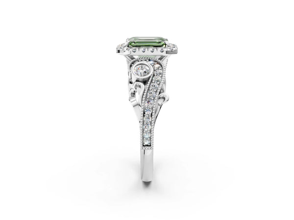White gold Fancy Green Emerald Cut Halo Diamond Ring with Milgrain and Bezel Accents on a Split Shank Band