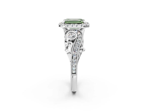 White gold Fancy Green Emerald Cut Halo Diamond Ring with Milgrain and Bezel Accents on a Split Shank Band