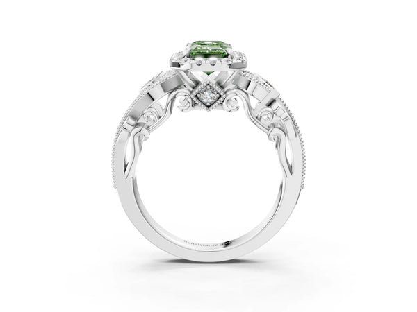White gold Fancy Green Emerald Cut Halo Diamond Ring with Milgrain and Bezel Accents on a Split Shank Band