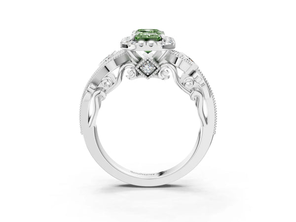 White gold Fancy Green Emerald Cut Halo Diamond Ring with Milgrain and Bezel Accents on a Split Shank Band