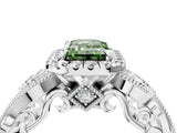 White gold Fancy Green Emerald Cut Halo Diamond Ring with Milgrain and Bezel Accents on a Split Shank Band_17