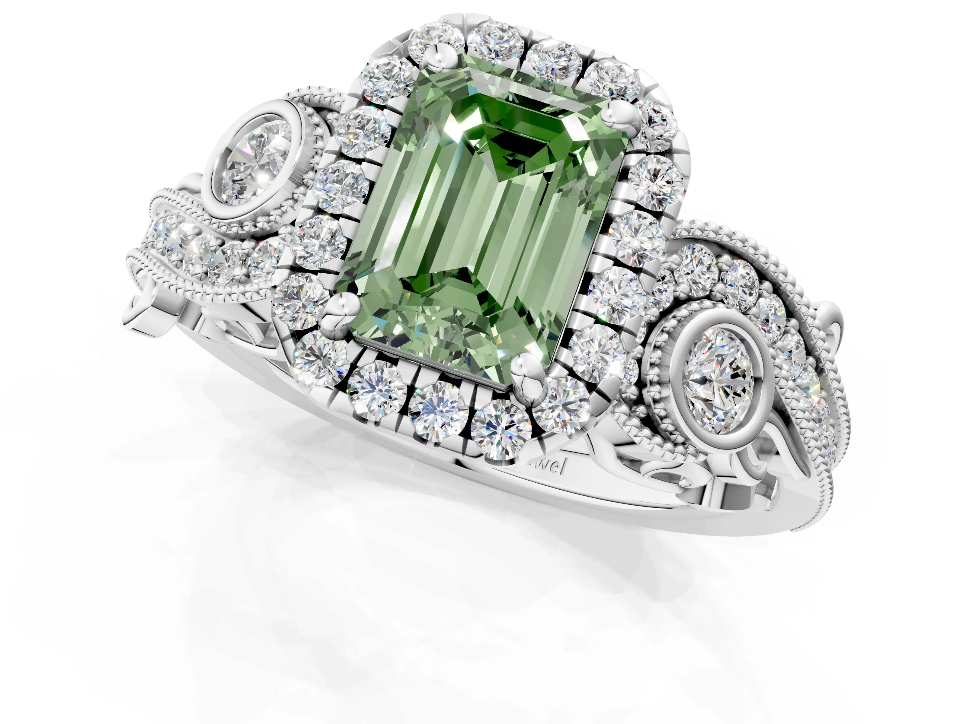 White gold Fancy Green Emerald Cut Halo Diamond Ring with Milgrain and Bezel Accents on a Split Shank Band_1