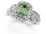 White gold Fancy Green Emerald Cut Halo Diamond Ring with Milgrain and Bezel Accents on a Split Shank Band_1
