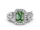 White gold Fancy Green Emerald Cut Halo Diamond Ring with Milgrain and Bezel Accents on a Split Shank Band_24