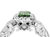 White gold Fancy Green Emerald Cut Halo Diamond Ring with Milgrain and Bezel Accents on a Split Shank Band_28