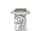 White gold Fancy Green Emerald Cut Halo Diamond Ring with Milgrain and Bezel Accents on a Split Shank Band_29