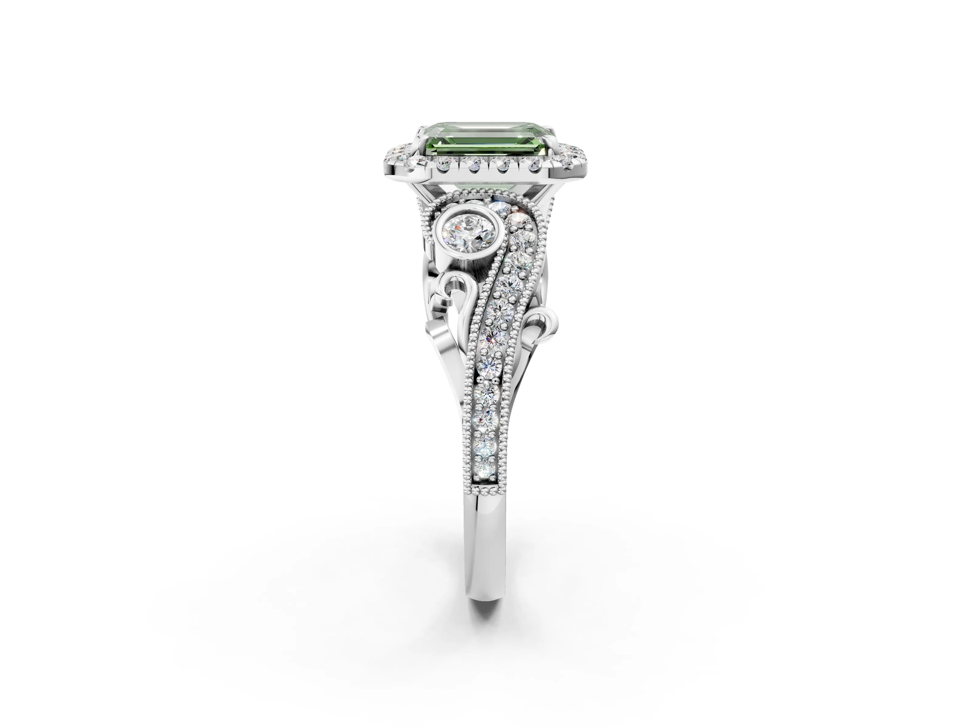 White gold Fancy Green Emerald Cut Halo Diamond Ring with Milgrain and Bezel Accents on a Split Shank Band_2