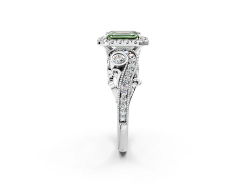 White gold Fancy Green Emerald Cut Halo Diamond Ring with Milgrain and Bezel Accents on a Split Shank Band_2