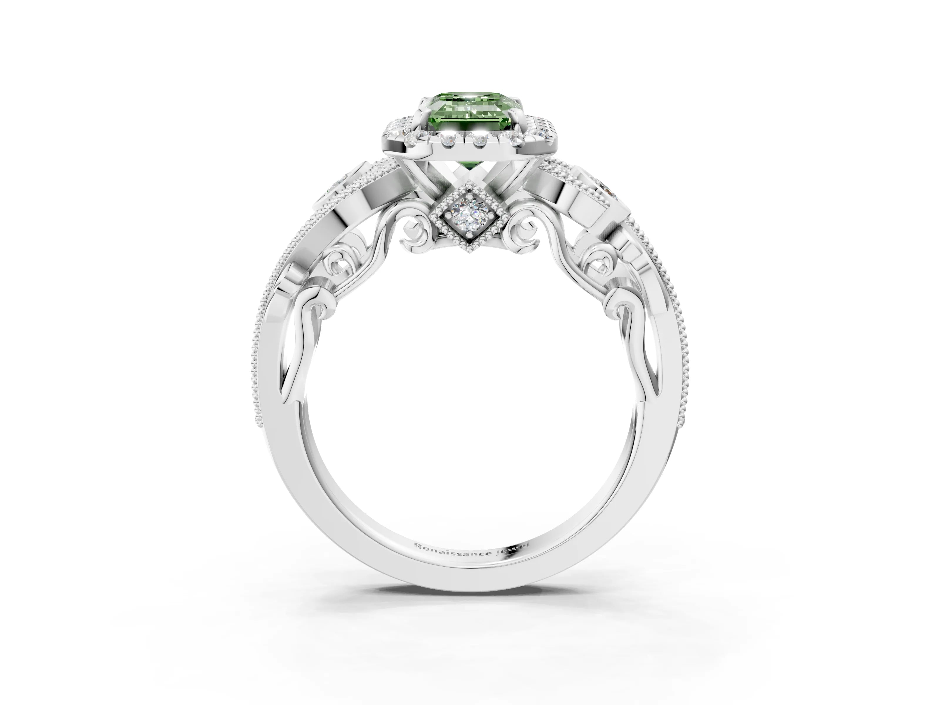 White gold Fancy Green Emerald Cut Halo Diamond Ring with Milgrain and Bezel Accents on a Split Shank Band_3