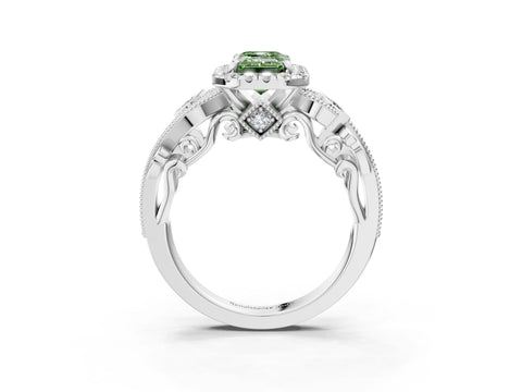 White gold Fancy Green Emerald Cut Halo Diamond Ring with Milgrain and Bezel Accents on a Split Shank Band_3