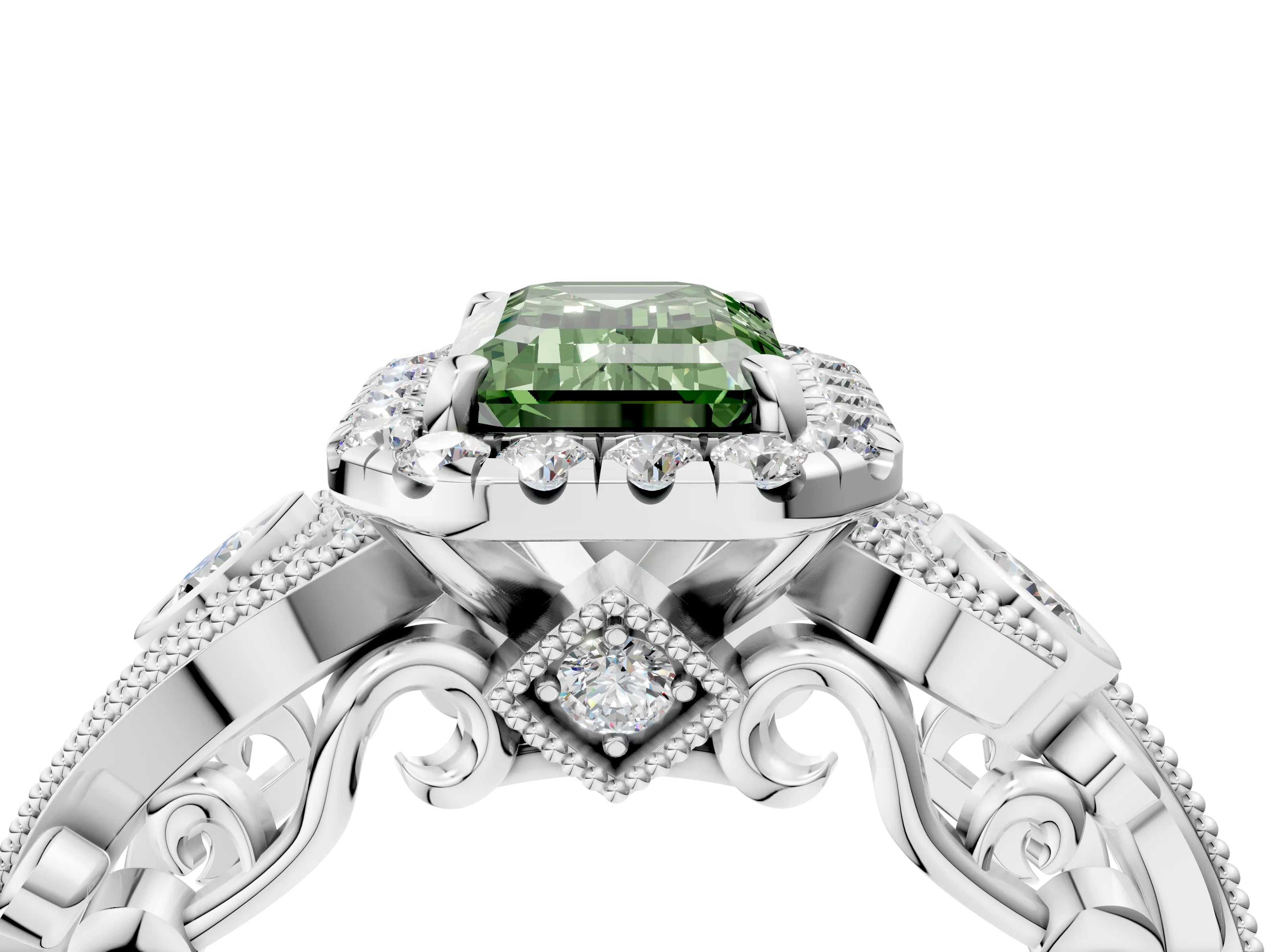 White gold Fancy Green Emerald Cut Halo Diamond Ring with Milgrain and Bezel Accents on a Split Shank Band_4