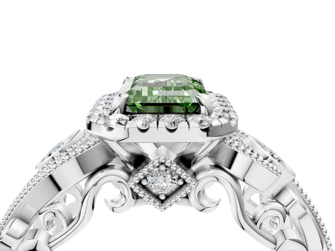 White gold Fancy Green Emerald Cut Halo Diamond Ring with Milgrain and Bezel Accents on a Split Shank Band_4