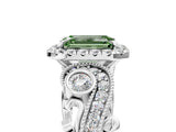 White gold Fancy Green Emerald Cut Halo Diamond Ring with Milgrain and Bezel Accents on a Split Shank Band_5