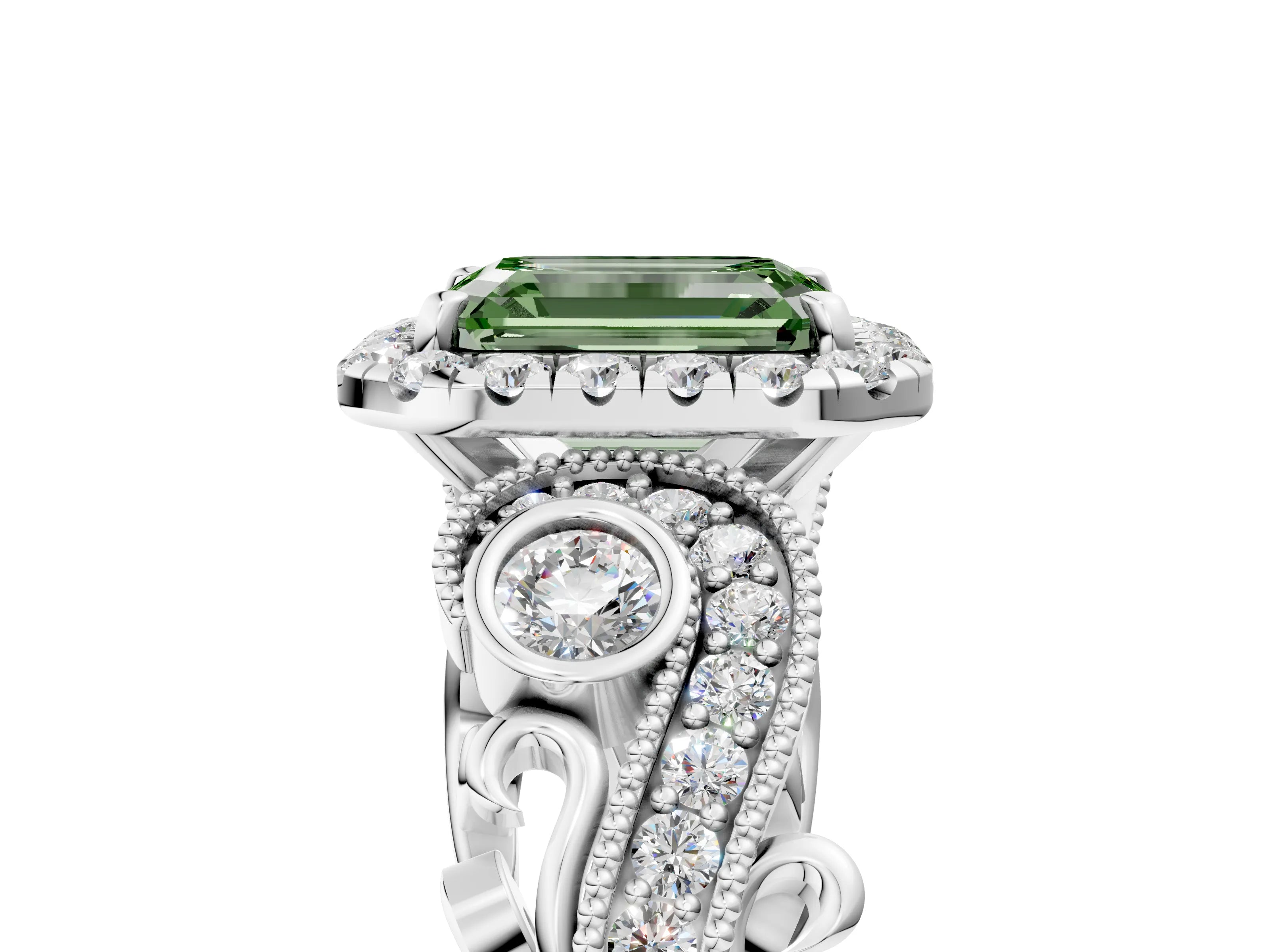 White gold Fancy Green Emerald Cut Halo Diamond Ring with Milgrain and Bezel Accents on a Split Shank Band_5