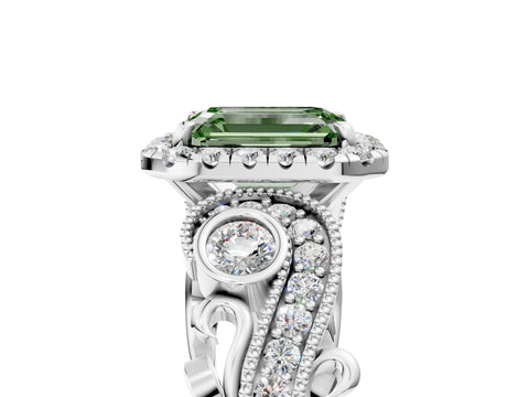 White gold Fancy Green Emerald Cut Halo Diamond Ring with Milgrain and Bezel Accents on a Split Shank Band_5