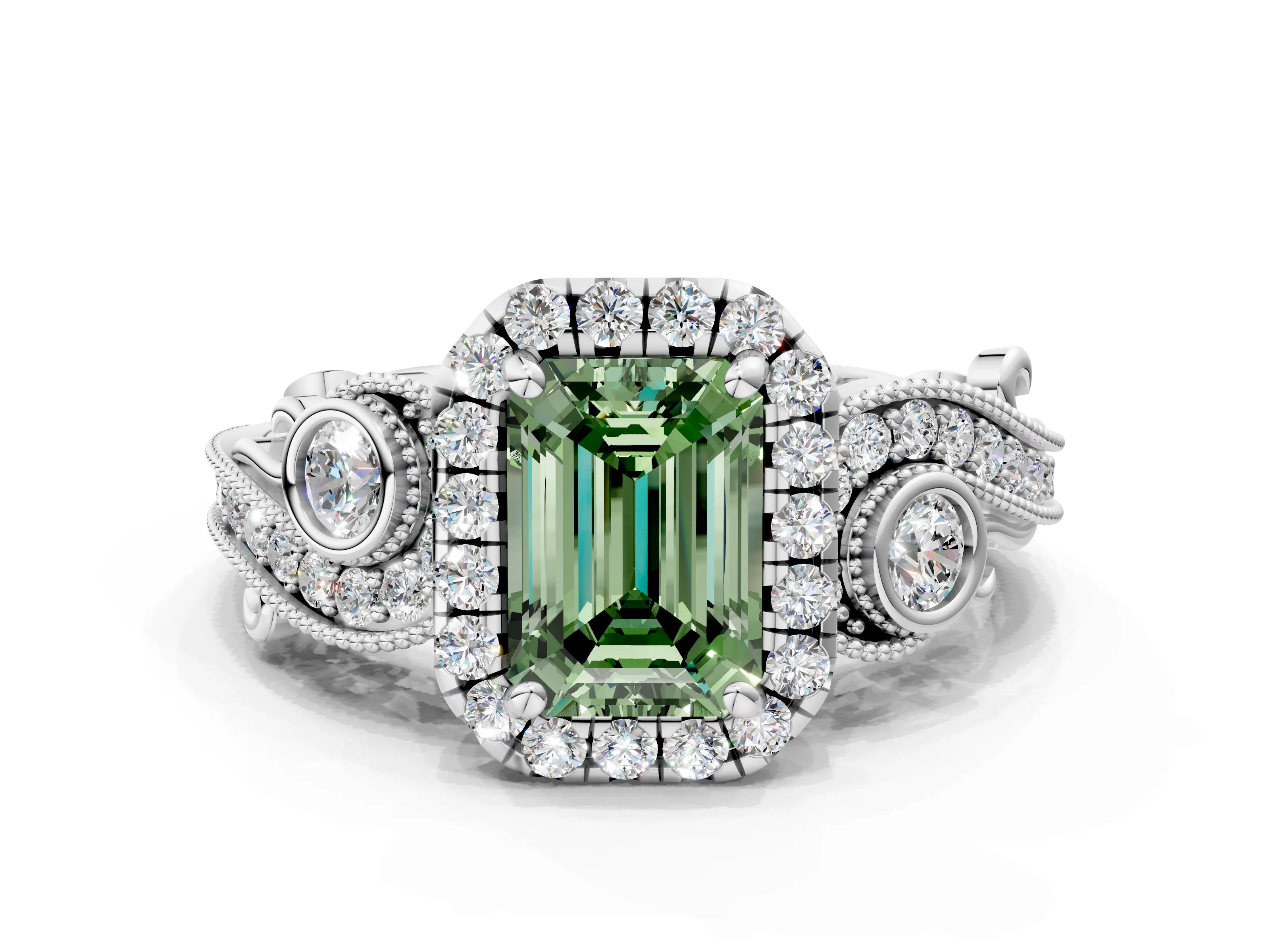 White gold Fancy Green Emerald Cut Halo Diamond Ring with Milgrain and Bezel Accents on a Split Shank Band