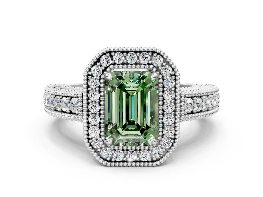 White gold Fancy Green Emerald  Cut Halo Diamond Ring with Pavé Band and Four-Prong Setting_69