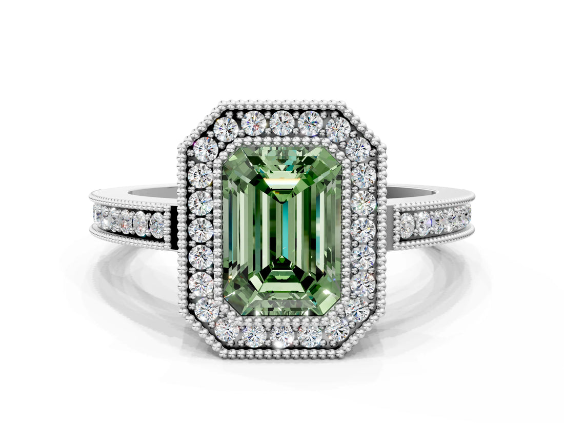 White gold Fancy Green Emerald  Cut Halo Diamond Ring with Pavé Band and Milgrain Prong Setting_32