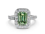 White gold Fancy Green Emerald Cut Halo Diamond Ring with Pavé Band and Three-Prong Setting_12