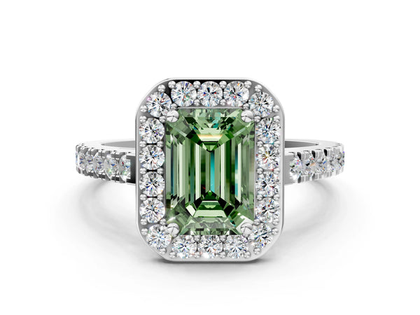 White gold Fancy Green Emerald Cut Halo Diamond Ring with Pavé Band and Three-Prong Setting