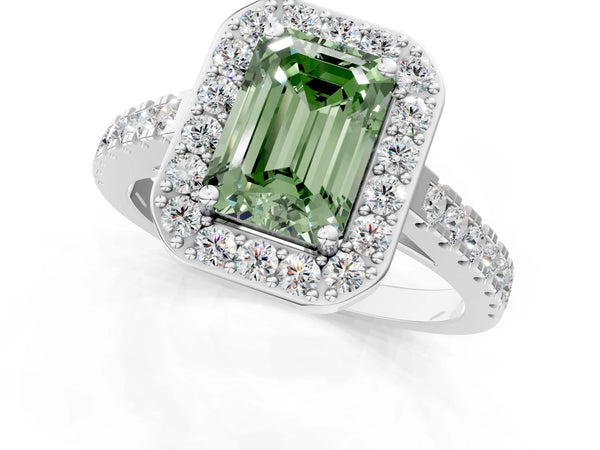 White gold Fancy Green Emerald Cut Halo Diamond Ring with Pavé Band and Three-Prong Setting