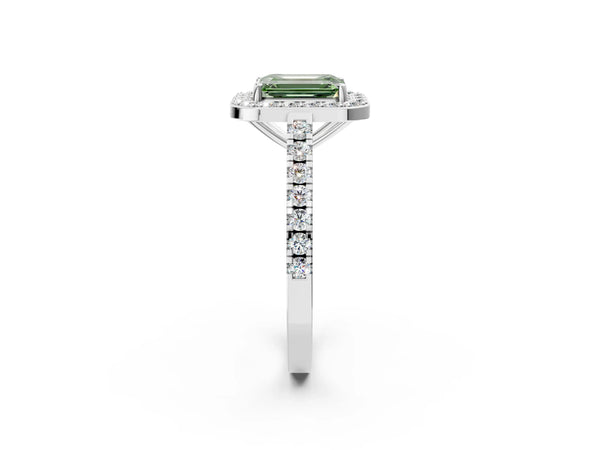 White gold Fancy Green Emerald Cut Halo Diamond Ring with Pavé Band and Three-Prong Setting