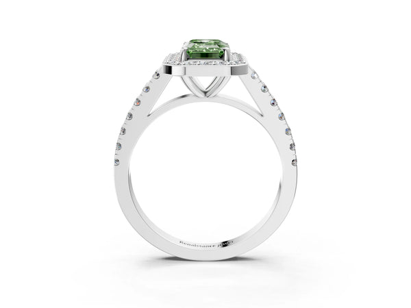White gold Fancy Green Emerald Cut Halo Diamond Ring with Pavé Band and Three-Prong Setting