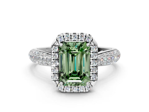 White gold Fancy Green Emerald Cut Halo Diamond Ring with Pavé Band