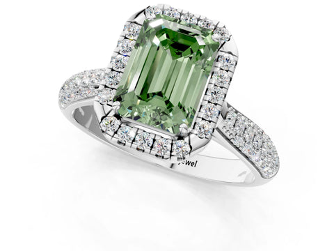 White gold Fancy Green Emerald Cut Halo Diamond Ring with Pavé Band_1