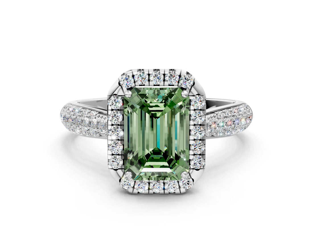 White gold Fancy Green Emerald Cut Halo Diamond Ring with Pavé Band_24