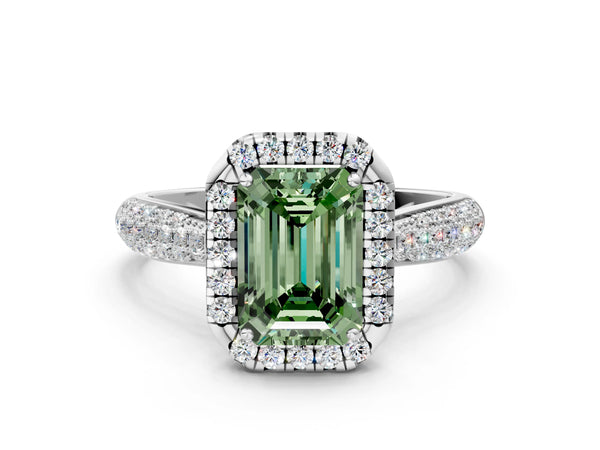 Platinum Fancy Green Emerald Cut Halo Diamond Ring with Pavé Band