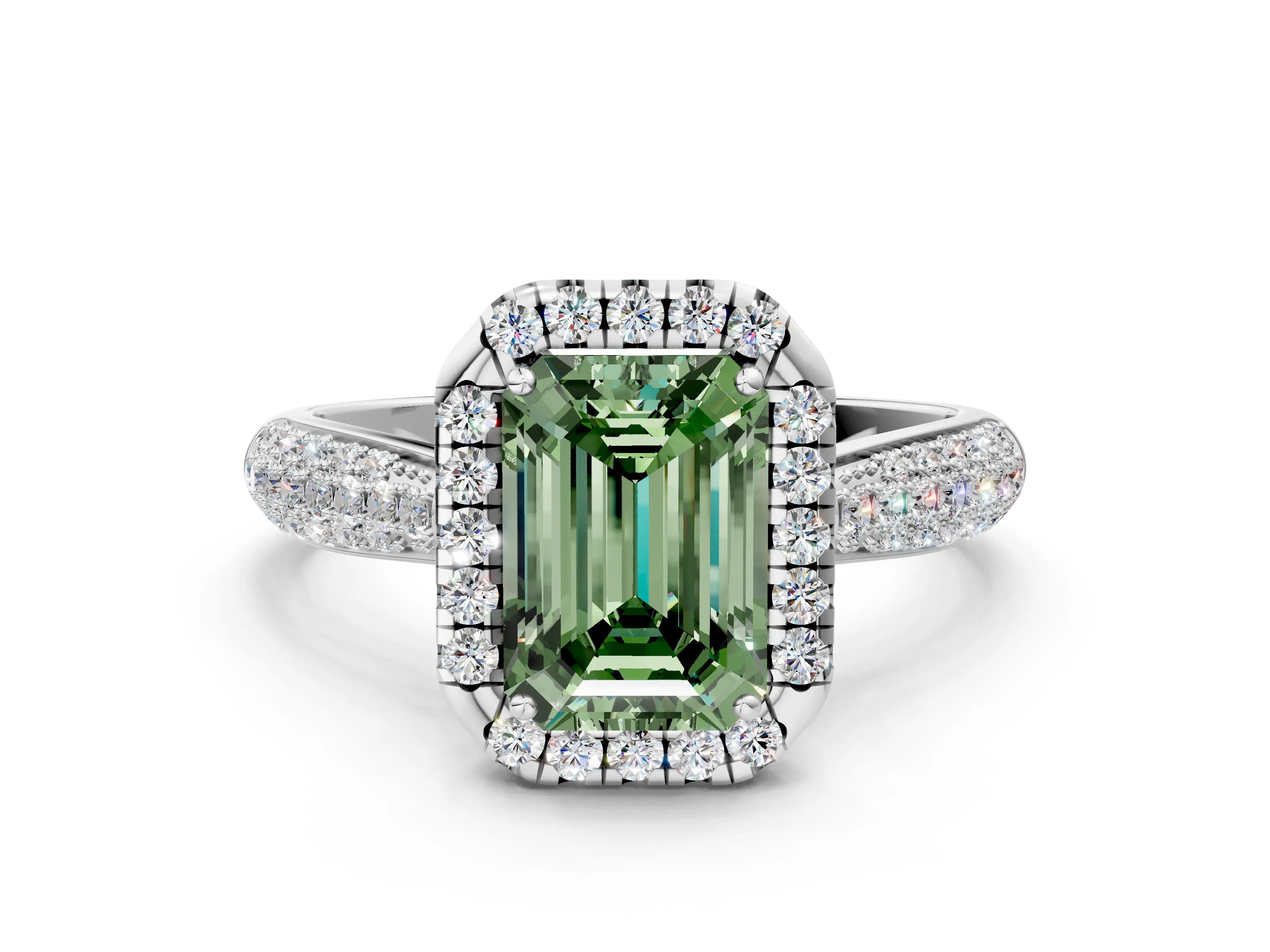 White gold Fancy Green Emerald Cut Halo Diamond Ring with Pavé Band_24