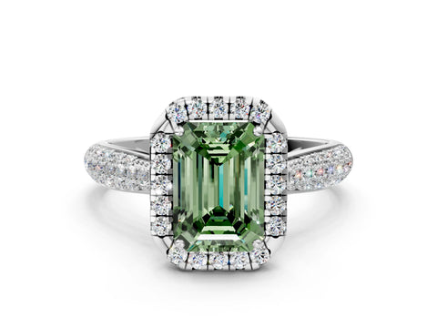 White gold Fancy Green Emerald Cut Halo Diamond Ring with Pavé Band_24