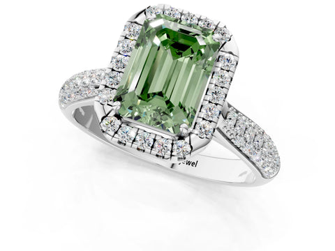 White gold Fancy Green Emerald Cut Halo Diamond Ring with Pavé Band_25