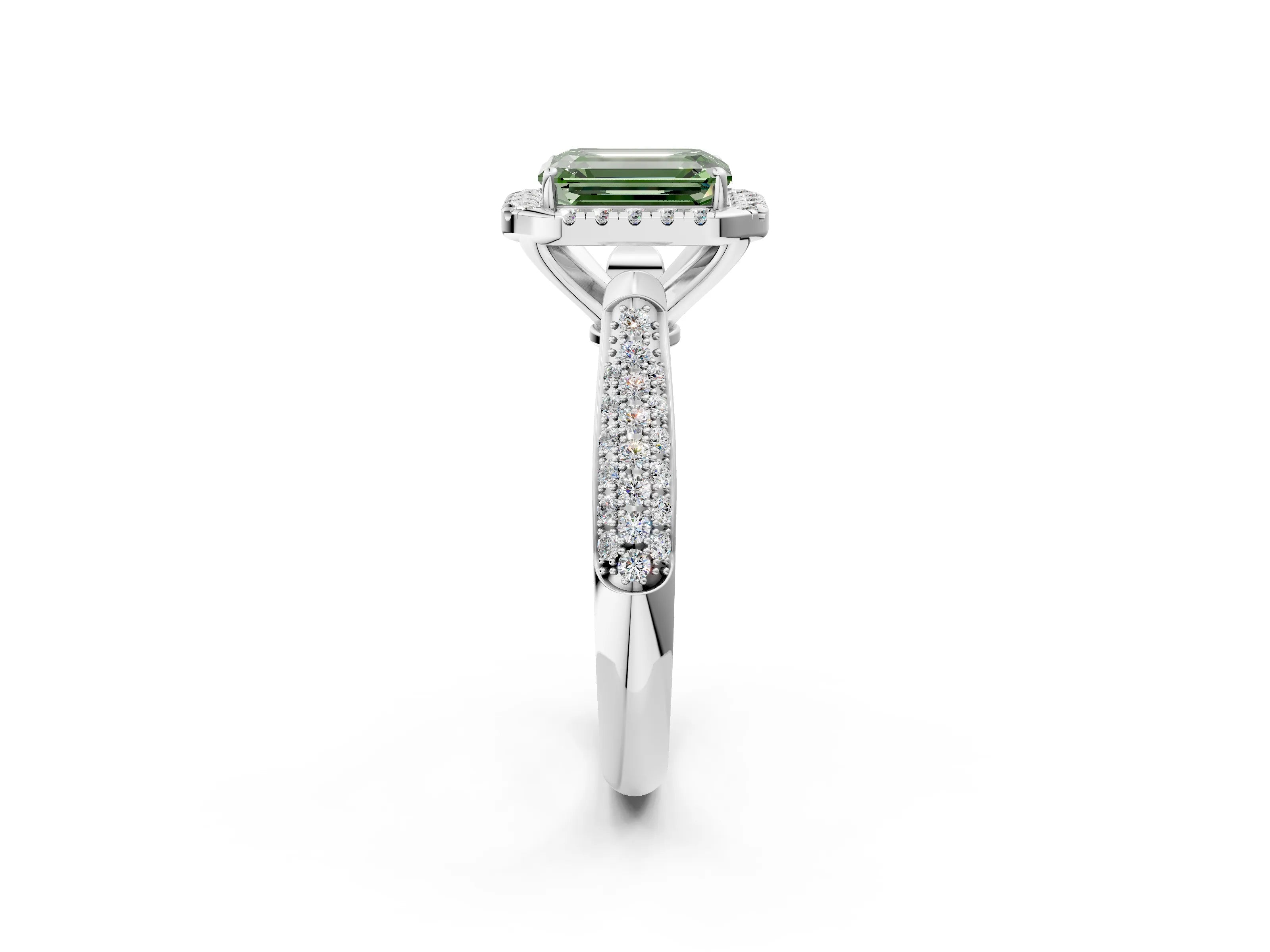 White gold Fancy Green Emerald Cut Halo Diamond Ring with Pavé Band_26