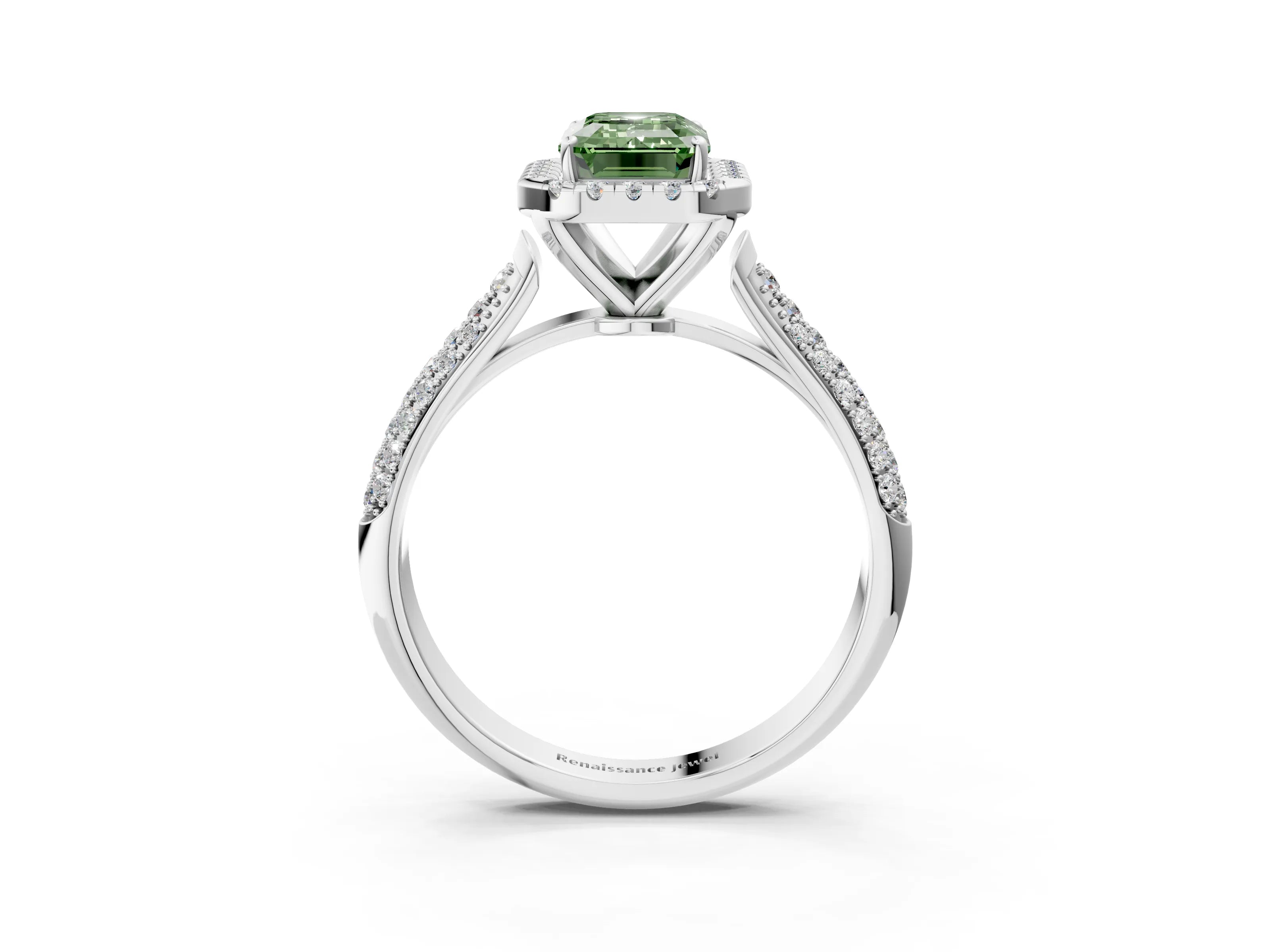 White gold Fancy Green Emerald Cut Halo Diamond Ring with Pavé Band_27