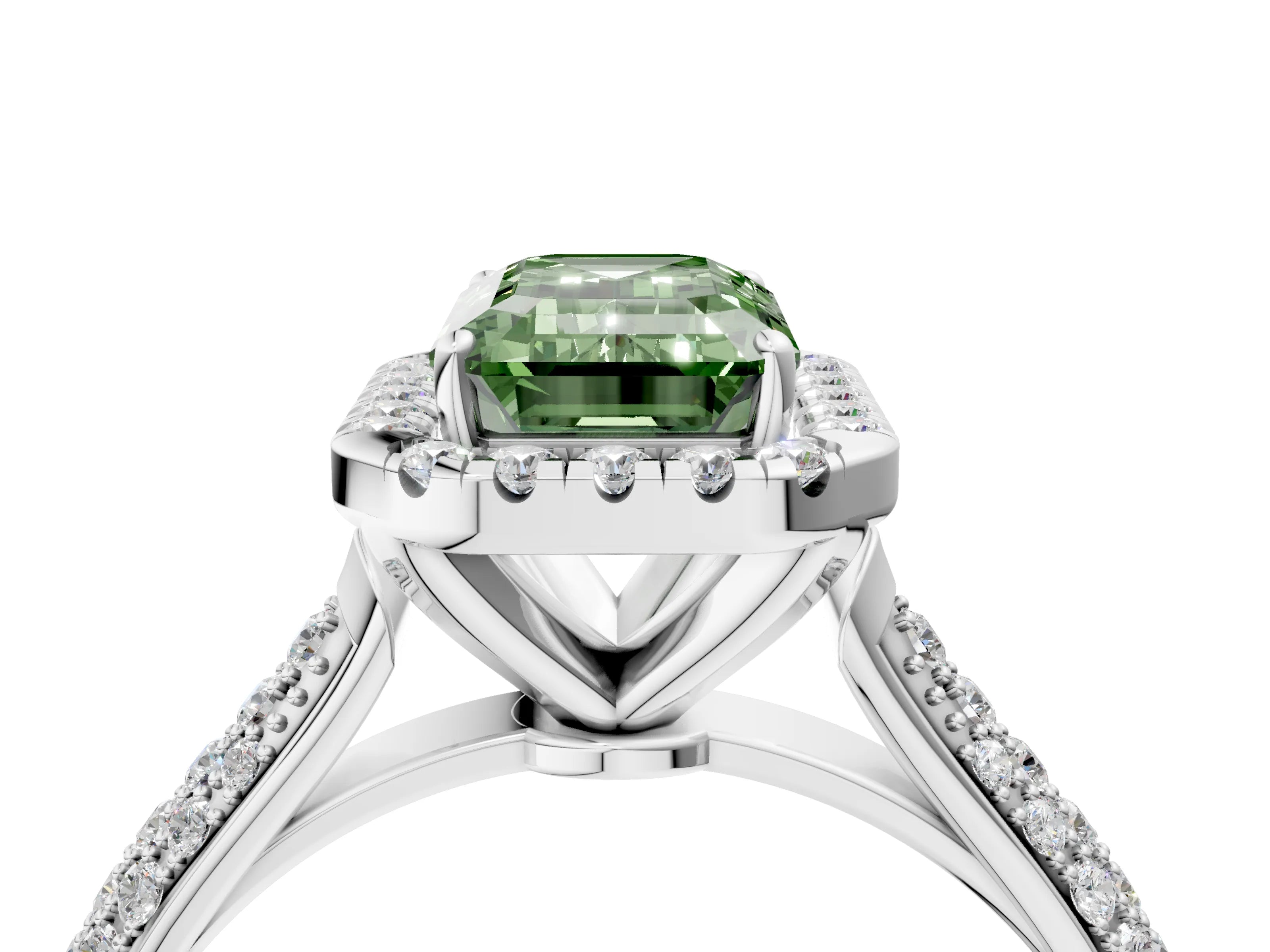 White gold Fancy Green Emerald Cut Halo Diamond Ring with Pavé Band_28
