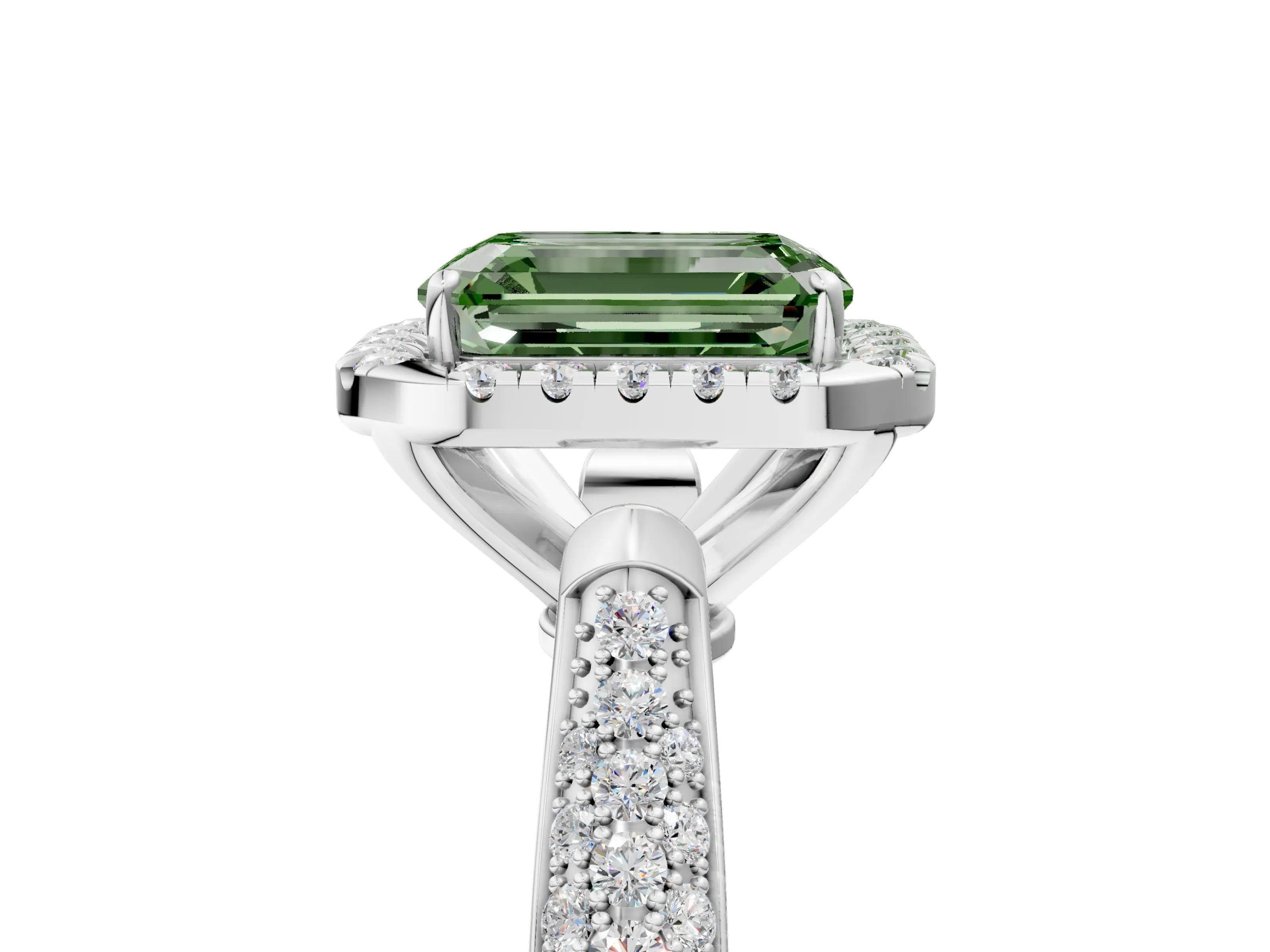 White gold Fancy Green Emerald Cut Halo Diamond Ring with Pavé Band_29