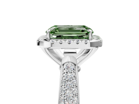 White gold Fancy Green Emerald Cut Halo Diamond Ring with Pavé Band_29