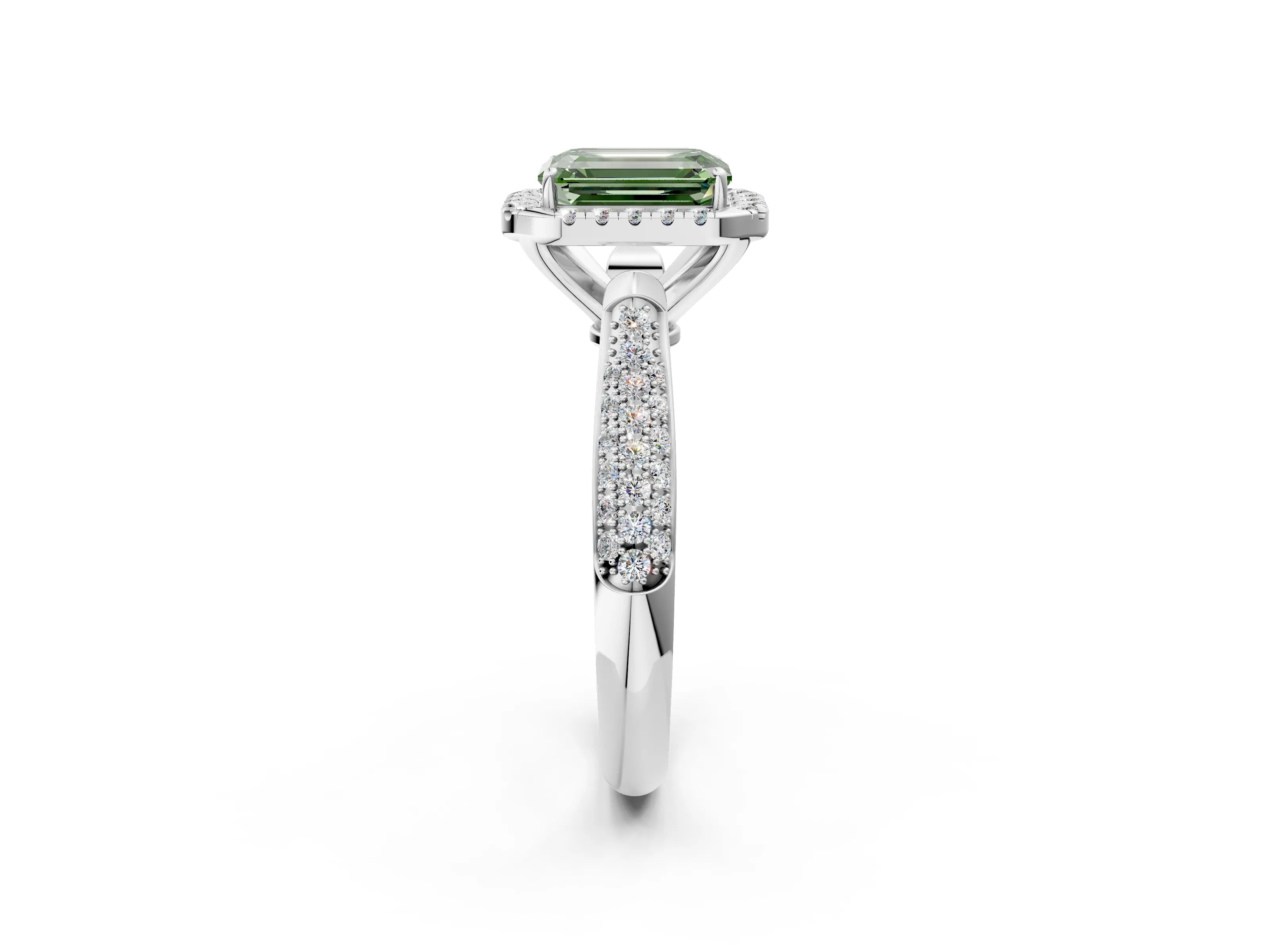 White gold Fancy Green Emerald Cut Halo Diamond Ring with Pavé Band_2