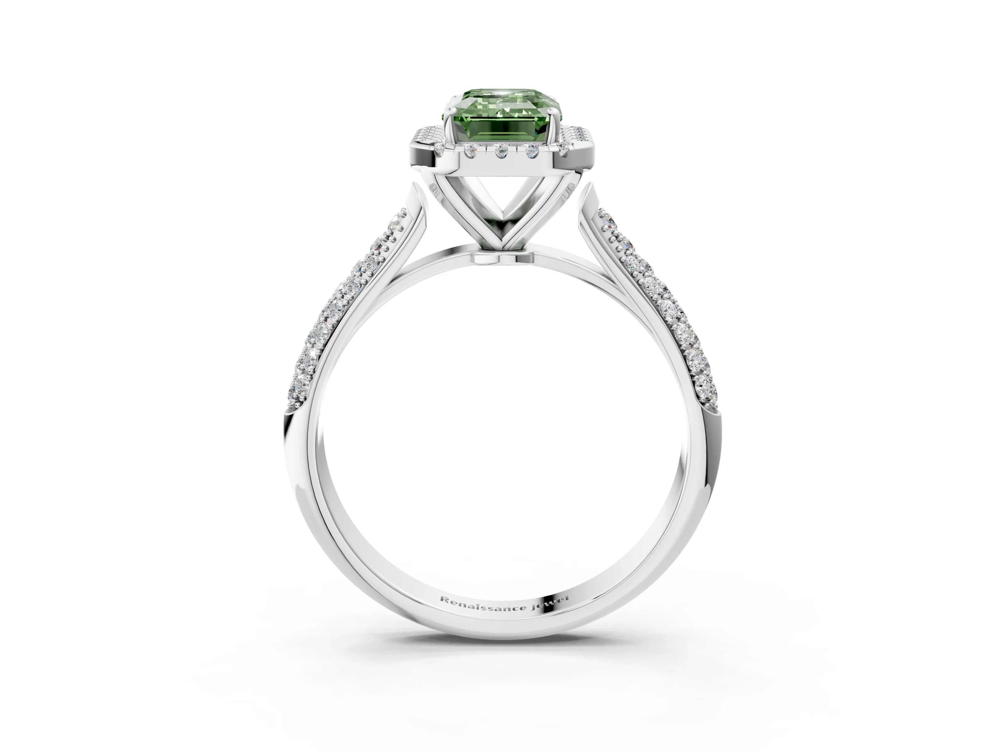 White gold Fancy Green Emerald Cut Halo Diamond Ring with Pavé Band_3