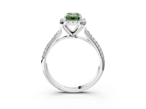 White gold Fancy Green Emerald Cut Halo Diamond Ring with Pavé Band_3