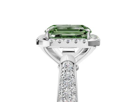 White gold Fancy Green Emerald Cut Halo Diamond Ring with Pavé Band_5
