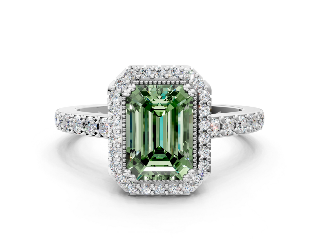 White gold Fancy Green Emerald  Cut Halo Diamond Ring with Pave Band and Four-Prong Setting_24