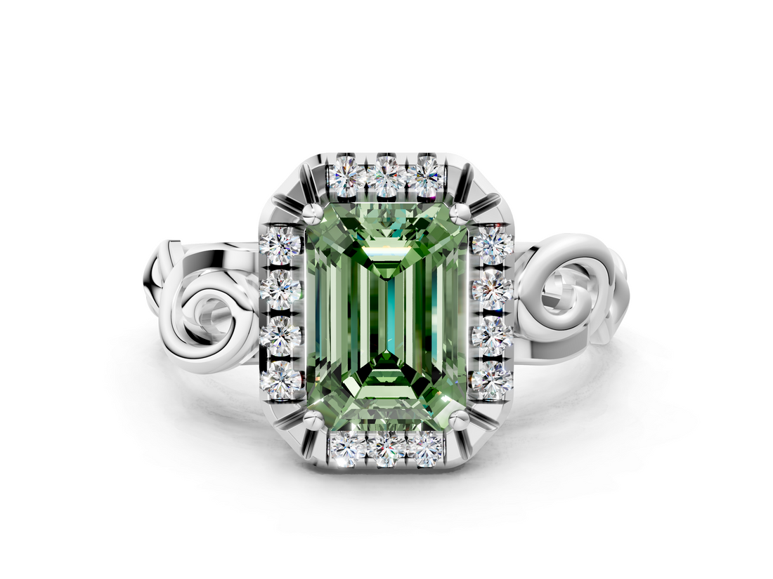 White gold Fancy Green Emerald  Cut Halo Diamond Ring with Scrollwork Band and Four-Prong Setting_46